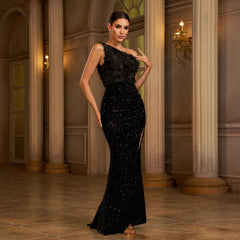 One-shoulder Slant Collar Sequined Slim-fit Sheath Banquet Split Evening Dress