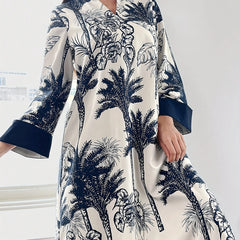 Women's Plus Size Elegant Floral Ink Painting Casual Tunic Dress Notched V Neck Long Sleeve Maxi Dress