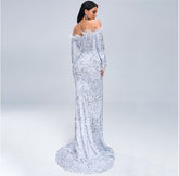 Women’s Sexy Off-Shoulder Feather Sequin Maxi Dress – Elegant Long Sleeve Evening Gown