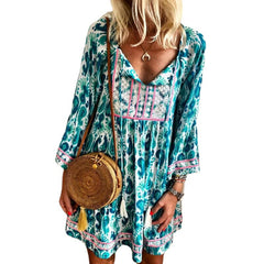 Short-sleeved Ethnic Style Skirt With Loose Waist And Purple Print Dress