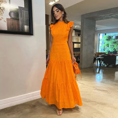 Women’s Flounced Sleeve Lace Waist-Tight Long Dress – Elegant Slim Fit Maxi Dress