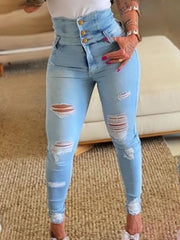 Women’s High-Waisted Button Slim-Fit Ripped Jeans – Light Blue Stretch Denim