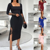 Women's Sexy Square Neck Lace Dress, Solid Color Bodycon Slit Hem Midi Dress For Formal Parties