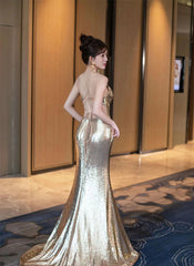Gold Evening Women Backless Sequin Sling Fishtail Dress