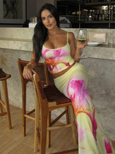 Nibber Vacation Flower Print 2 Piece Set Women Low-Neck Chic Backless Crop Tops+Stretch Long Skirts Trend Beach Style Outfits