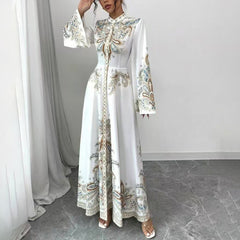 Elegant High-Neck Floral Maxi Dress - Long Flowy Sleeves, Modest A-Line Middle Eastern Style Gown Vacation & Party Dress For Women