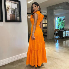 Women’s Flounced Sleeve Lace Waist-Tight Long Dress – Elegant Slim Fit Maxi Dress