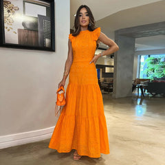 Women’s Flounced Sleeve Lace Waist-Tight Long Dress – Elegant Slim Fit Maxi Dress