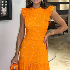 Women’s Flounced Sleeve Lace Waist-Tight Long Dress – Elegant Slim Fit Maxi Dress