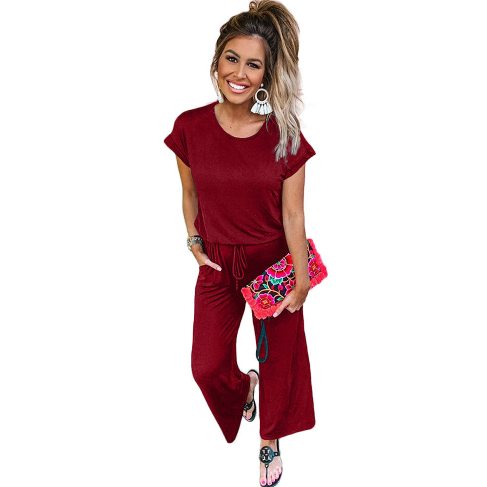 Women's New Casual Pockets Lace-Up Women's Trousers Solid Color Wide-Leg Jumpsuit