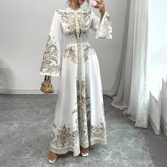 Elegant High-Neck Floral Maxi Dress - Long Flowy Sleeves, Modest A-Line Middle Eastern Style Gown Vacation & Party Dress For Women