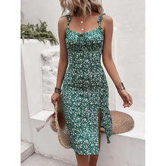 Women's Floral Print Tie Shoulder Split Thigh Sleeveless Boho Cami Dress