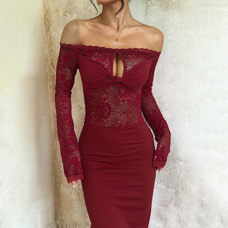 Lace one shoulder long sleeved sexy spicy girl wrap hip skirt
