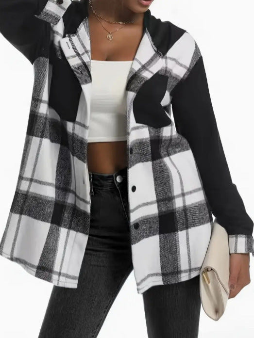 Hooded Jacket Plaid Printed Women's Button Casual Coat