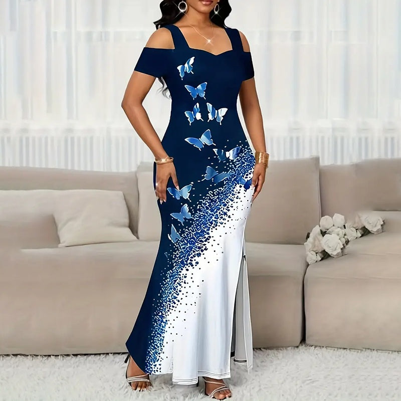 Women's Color-Block Butterfly Print Maxi Dress, Off-Shoulder Bodycon Gown With High Slit For Spring And Summer Parties