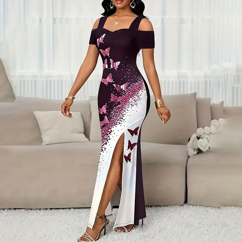 Women's Color-Block Butterfly Print Maxi Dress, Off-Shoulder Bodycon Gown With High Slit For Spring And Summer Parties