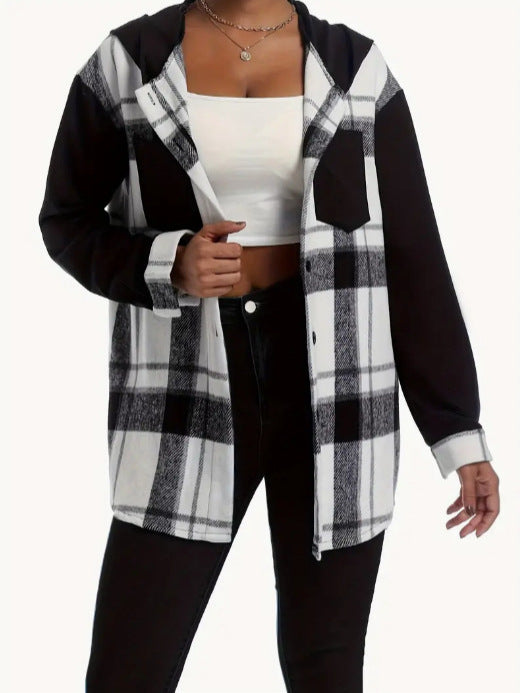 Hooded Jacket Plaid Printed Women's Button Casual Coat