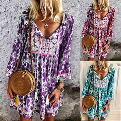 Short-sleeved Ethnic Style Skirt With Loose Waist And Purple Print Dress