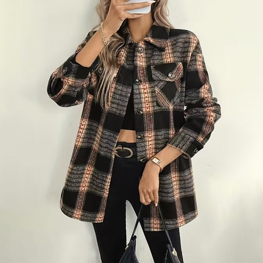 Women's Plaid Fleece Lined Jacket, Thickened Lapel Collar Long Sleeve Coat With Chest Pocket