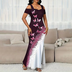 Women's Color-Block Butterfly Print Maxi Dress, Off-Shoulder Bodycon Gown With High Slit For Spring And Summer Parties