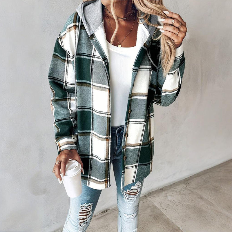 Women's Plaid Hoodie Long Sleeve Jacket Button Drawstring Casual Fall Shirts Shacket With Pocket