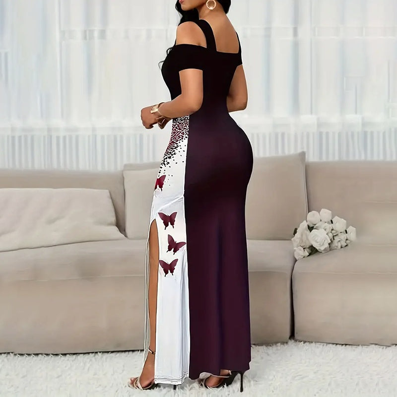 Women's Color-Block Butterfly Print Maxi Dress, Off-Shoulder Bodycon Gown With High Slit For Spring And Summer Parties