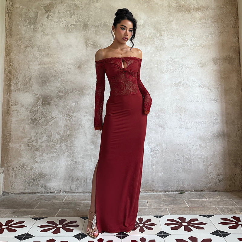 Lace one shoulder long sleeved sexy spicy girl wrap hip skirt