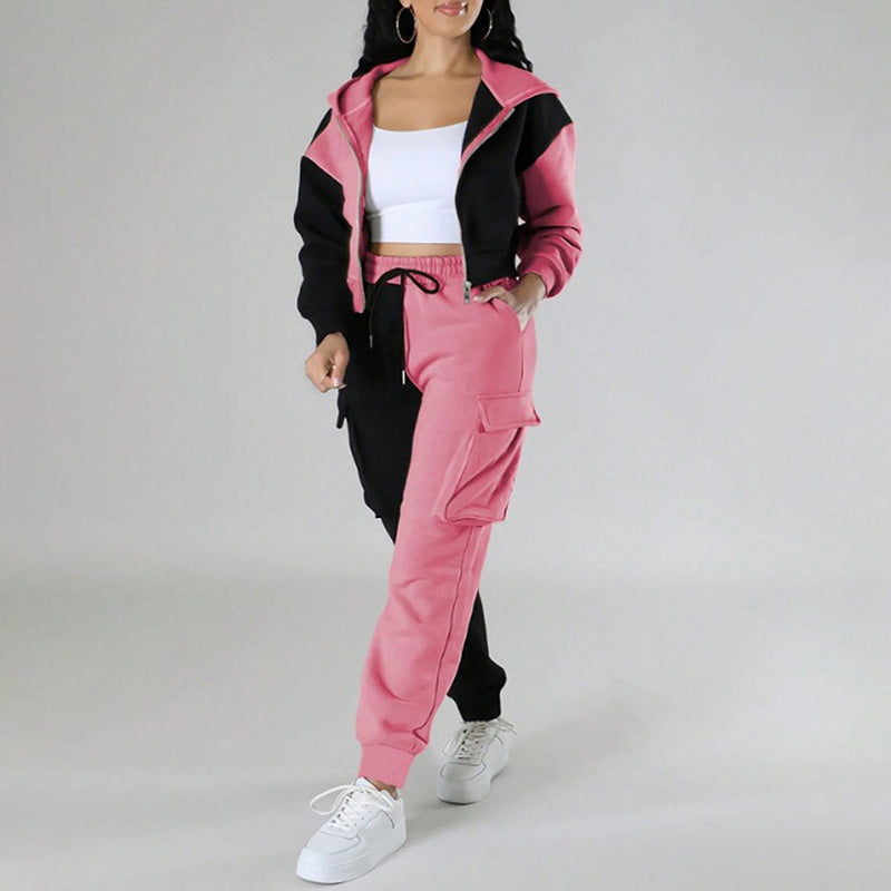 Women's Color Block 2 Piece Set, Full Zip Up Cropped Hoodie Jacket & Drawstring Cargo Pants, Casual Streetwear Outfit