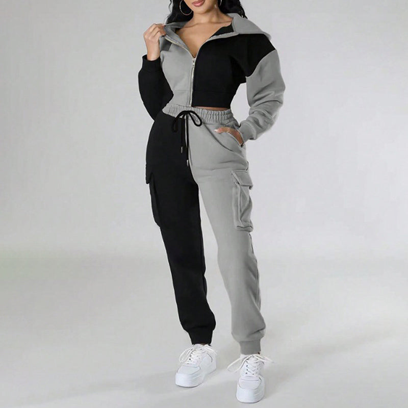 Women's Color Block 2 Piece Set, Full Zip Up Cropped Hoodie Jacket & Drawstring Cargo Pants, Casual Streetwear Outfit