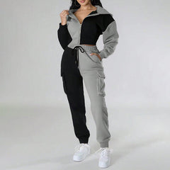 Women's Color Block 2 Piece Set, Full Zip Up Cropped Hoodie Jacket & Drawstring Cargo Pants, Casual Streetwear Outfit