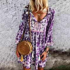 Short-sleeved Ethnic Style Skirt With Loose Waist And Purple Print Dress