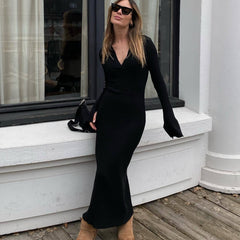 Long Sleeve Women's Knitted Deep V Dress