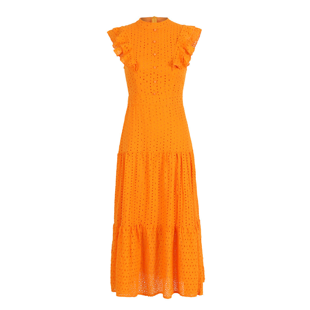 Women’s Flounced Sleeve Lace Waist-Tight Long Dress – Elegant Slim Fit Maxi Dress