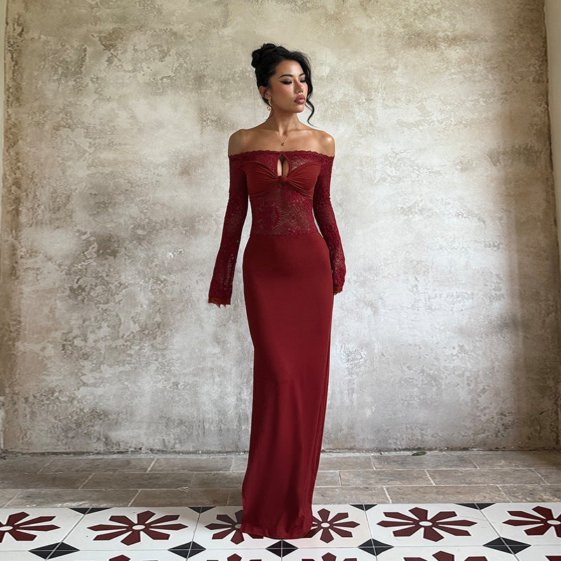 Lace one shoulder long sleeved sexy spicy girl wrap hip skirt