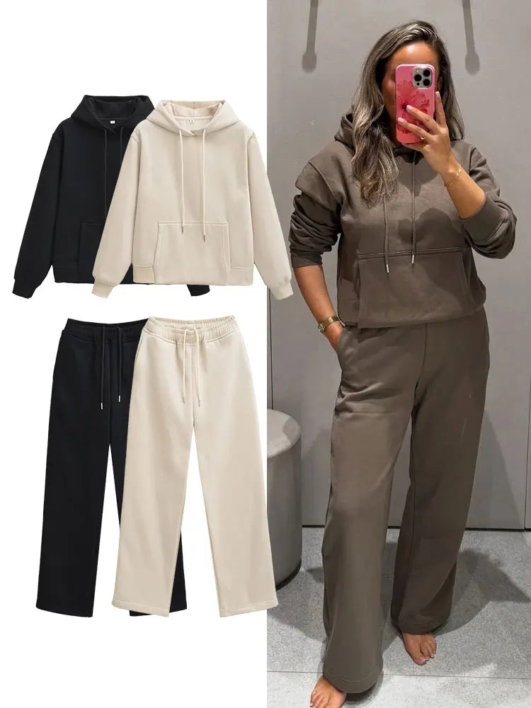 HH Female Autumn Fashion Sports Style Set Long Sleeves Hooded Sweatshirt Top+Elastic Waist Straight Pants 2025 Casual Solid Set