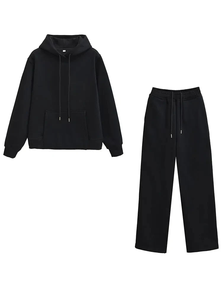 HH Female Autumn Fashion Sports Style Set Long Sleeves Hooded Sweatshirt Top+Elastic Waist Straight Pants 2025 Casual Solid Set