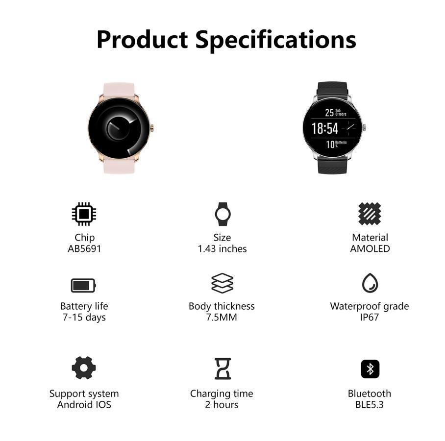 Ultra Slim 1.43” AMOLED Smartwatch – Fitness Tracker for Men & Women | iOS & Android Compatible