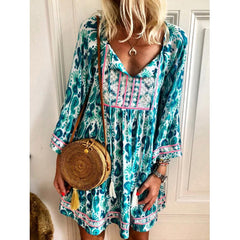 Short-sleeved Ethnic Style Skirt With Loose Waist And Purple Print Dress