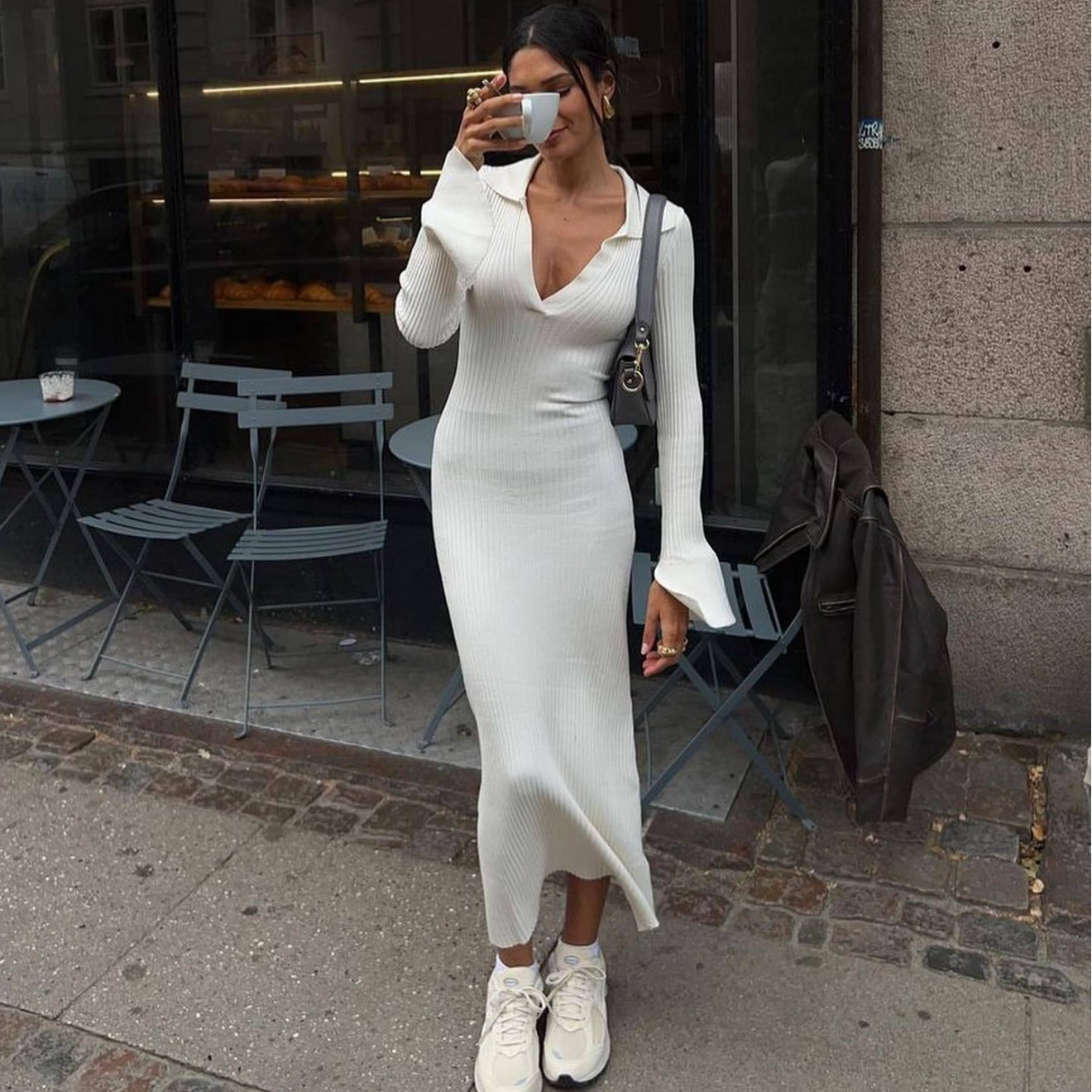 Long Sleeve Women's Knitted Deep V Dress