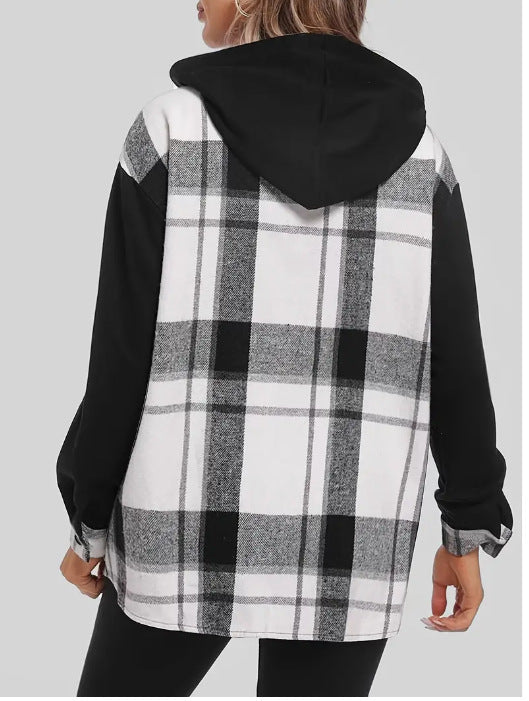 Hooded Jacket Plaid Printed Women's Button Casual Coat