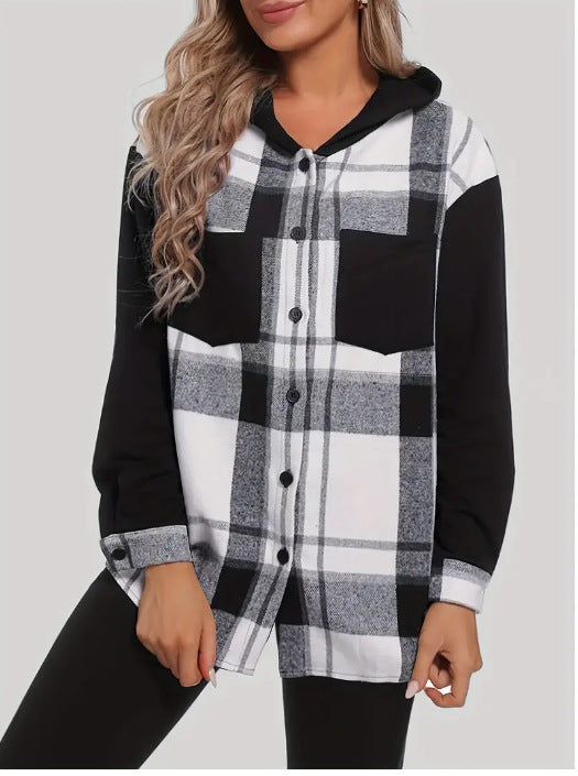 Hooded Jacket Plaid Printed Women's Button Casual Coat