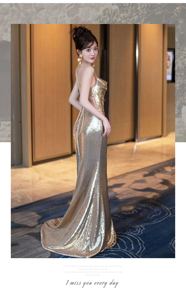 Gold Evening Women Backless Sequin Sling Fishtail Dress