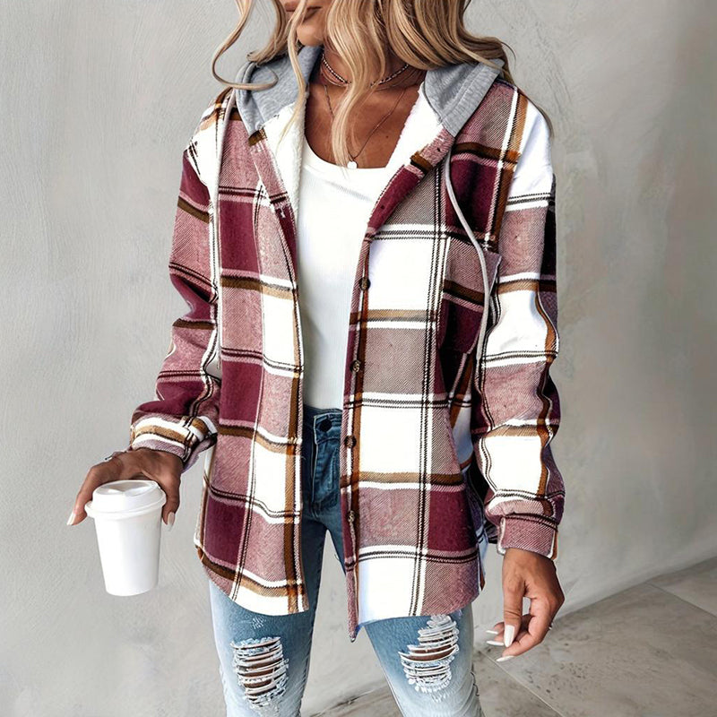 Women's Plaid Hoodie Long Sleeve Jacket Button Drawstring Casual Fall Shirts Shacket With Pocket