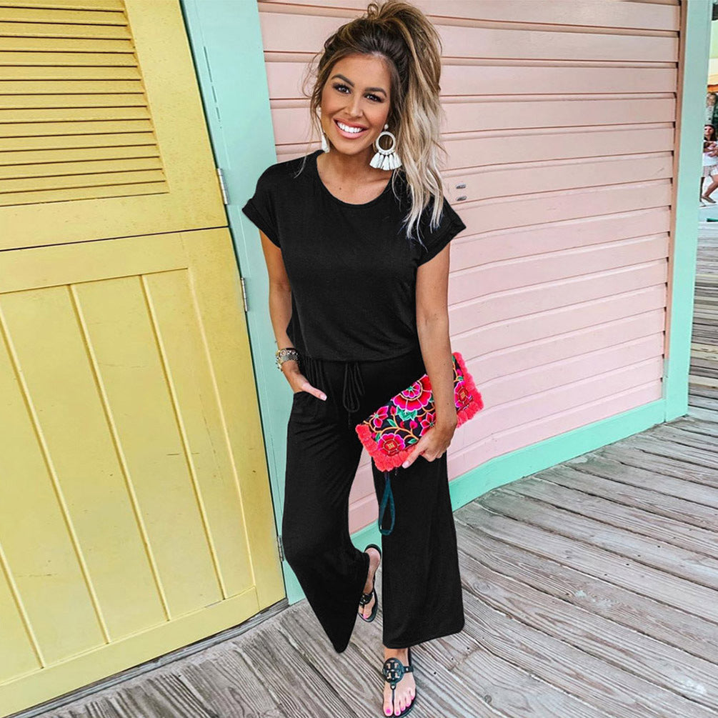 Women's New Casual Pockets Lace-Up Women's Trousers Solid Color Wide-Leg Jumpsuit