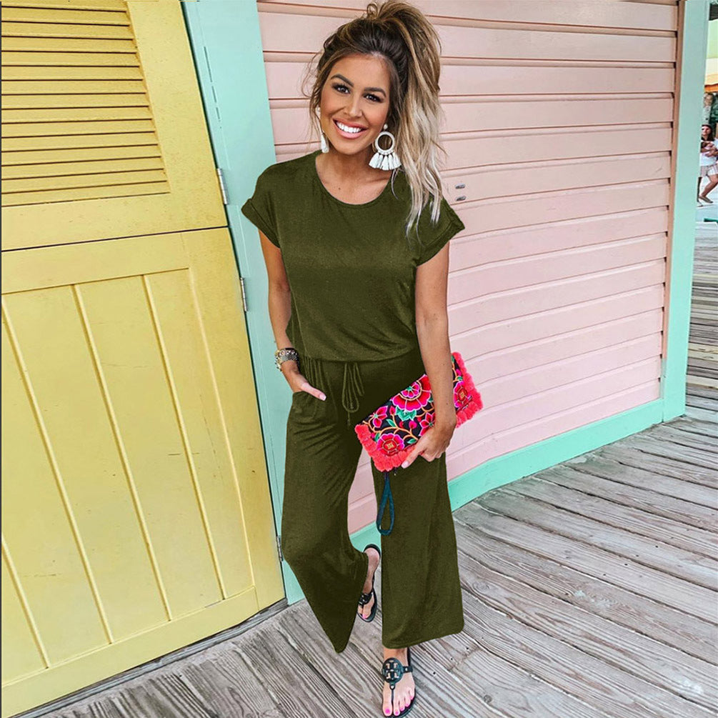 Women's New Casual Pockets Lace-Up Women's Trousers Solid Color Wide-Leg Jumpsuit