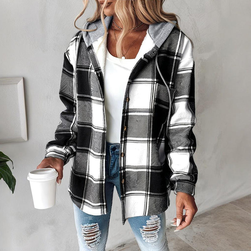 Women's Plaid Hoodie Long Sleeve Jacket Button Drawstring Casual Fall Shirts Shacket With Pocket