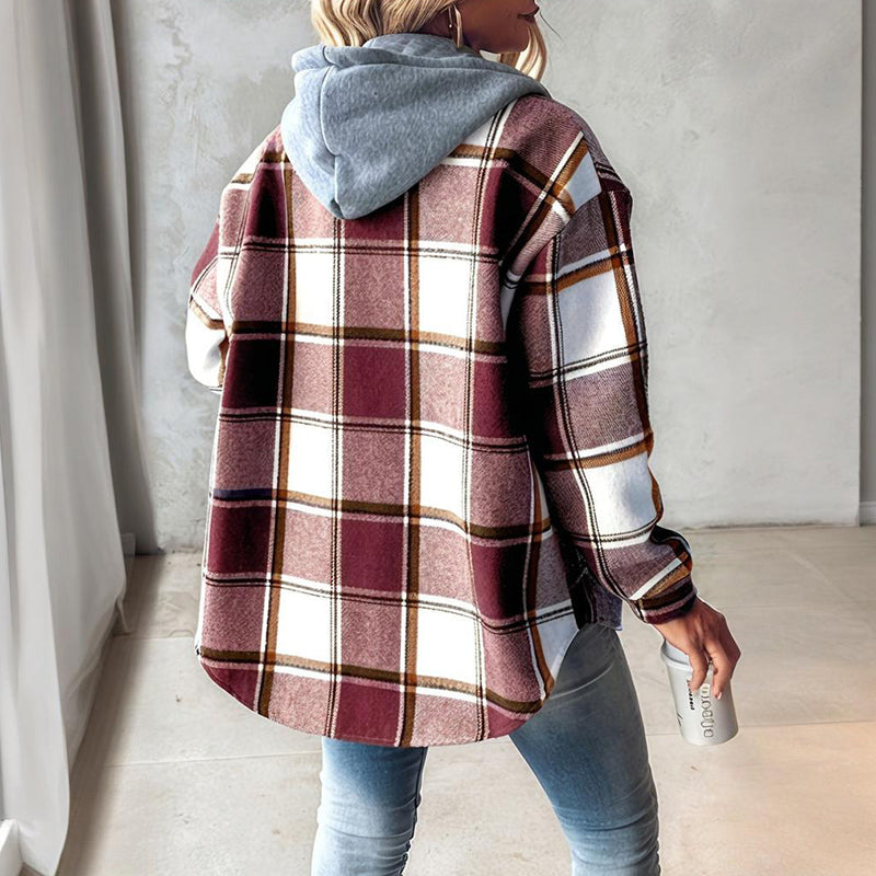 Women's Plaid Hoodie Long Sleeve Jacket Button Drawstring Casual Fall Shirts Shacket With Pocket